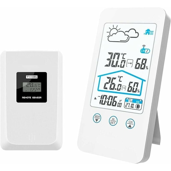 Trådlös väderstation, inomhus trådlös digital inomhus termometer hygrometer barometer väderstation klocka med utomhussensor (vit??)