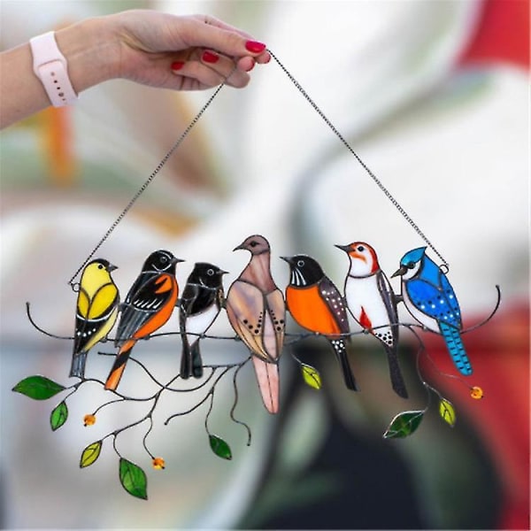 Farvede glasvinduesbeklædninger 7 fugle håndskåret legering Farverige fjederfarvede glasfugle med hængende kædeHjemmedekoration