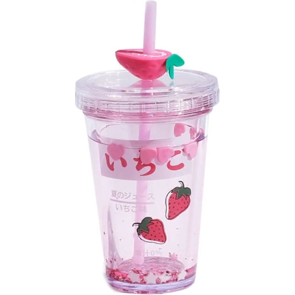 15oz Kawaii Vattenflaska med Sugrör Glitter Dubbelväggig Vattenflaska med Sugrör Kawaii Mugg Jordgubbsvattenflaska Kawaii Muggar Kawaii Saker Avocado Gi