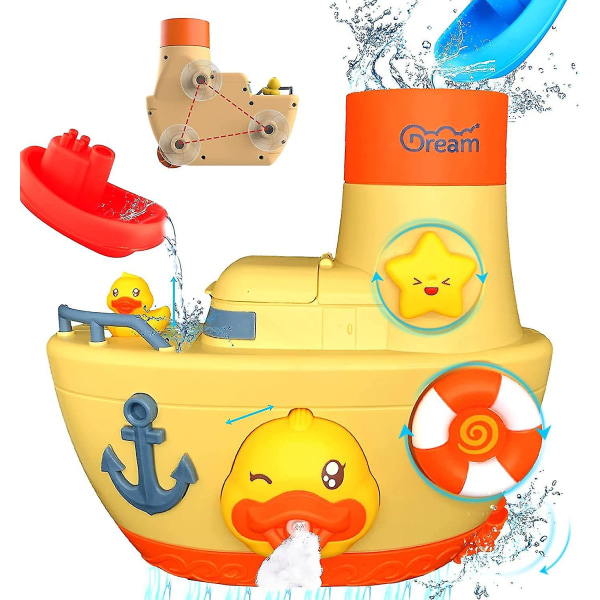 Badelegetøj Vandlegetøj til småbørn Babyer, sugebåd med brusegelæske Flydende and 2 stabelbåde, væg til badekar, præskolelegetøj（gult）