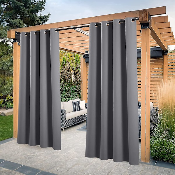 Utomhusgardiner - Set med 2 isolerade mörkläggningsgardiner, vattentäta inomhus/utomhus dekoration med öljetter, trädgård, B 132 x H 213 cm, grå
