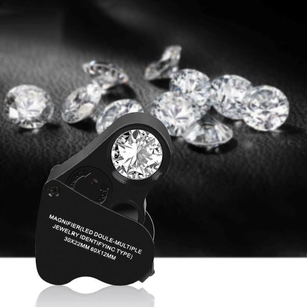 30x 60x opplyst smykkeforstørrelsesglass for smykker, sammenleggbar smykkeforstørrelsesglass med sterkt LED-lys for edelstener, smykker, mynter, frimerker, etc.