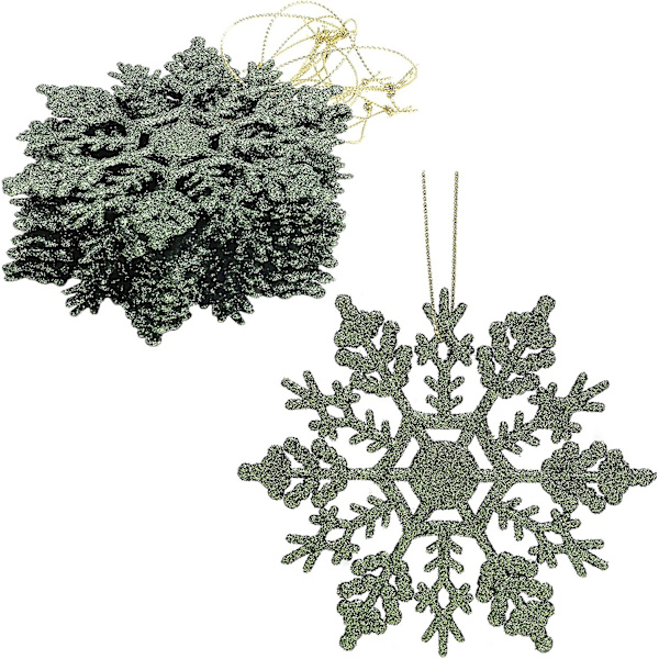 Sats med 12 st 10 cm glittrande snöflingor - Juldekorationer (mörkgrön)