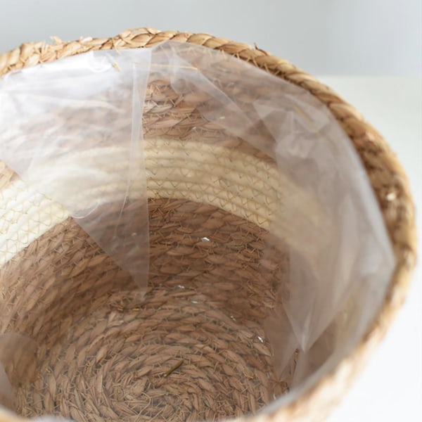 Käsin kudottu kori sisäkäyttöön ulkosäilytykseen Kukkaruukun cover muovipäällysteisellä kodinsisustus- ja luonnonkasvisäiliöillä (18 cm, valkoinen)