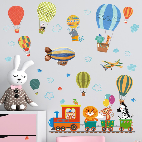 Tecknat djur varmluftsballong tåg självhäftande väggdekal kreativ klistermärke barns sovrum väggdekoration,1set