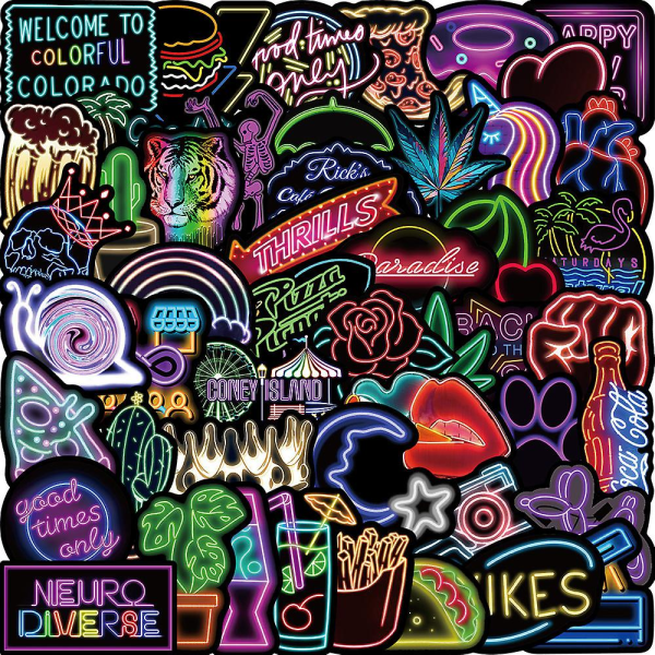 Neon Lights Stickers| 50 PCS | Vinyl Waterproof Stickers for Laptop,Skateboard,Water Bottles,Computer,Phone