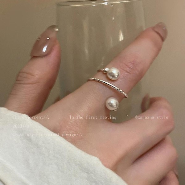 Justerbar åpen wrap-ring med skallperle, belagt stabelring, statement-ring for bryllup og fingre