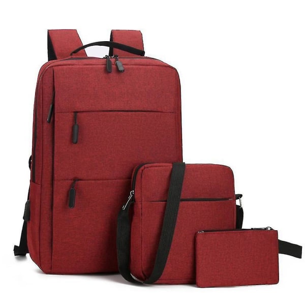 3 stk Business ryggsekksett Unisex bærbar ryggsekk + skuldervesker + lommebok for reiseskolekontorarbeid（rød）