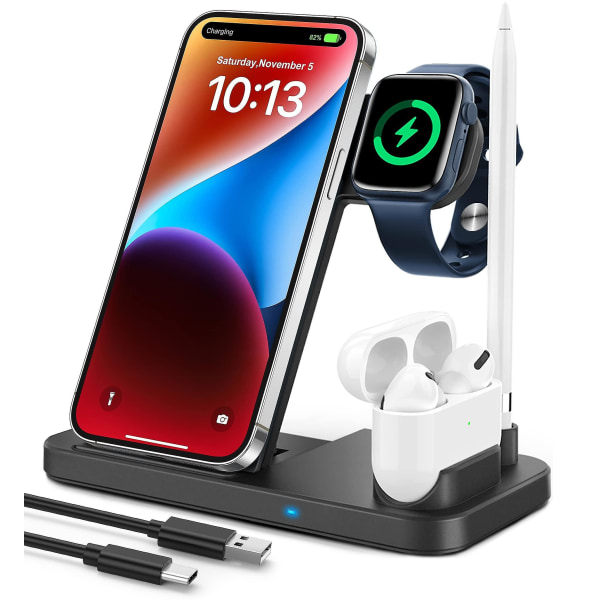 Teminice 4 i 1 trådløs ladestasjon for Apple Watch & Airpods & Pencil ladestasjon