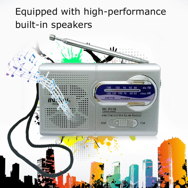 INDIN BC-R119 AM/FM Dual Band Mini Radiomottagare Bärbar spelare Inbyggd högtalare med standard 3,5 mm hörlursuttag, silvergrå