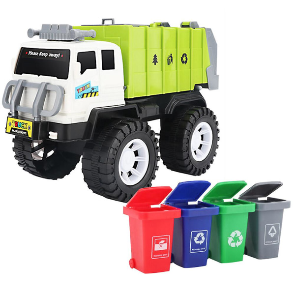 Barnebilmodell Diecast City Rengjøring av søppelbil Trekk tilbake Leker Gave med 4 søppelkasser