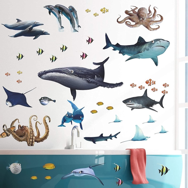 Removable Ocean Animals Wall Sticker Under The Sea Fish Sharks Turtles Coral Whales Wall Decal for Kids Babys Girls Bedroom Nursery Bathroom Living Ro