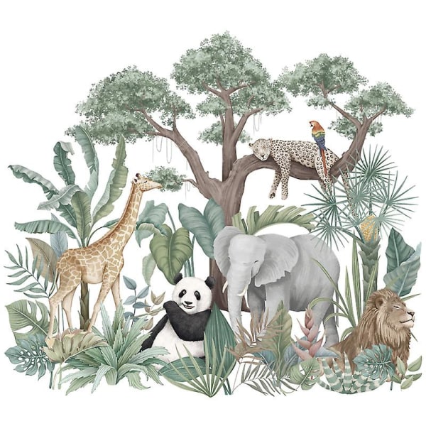 1 st Tecknad Tropisk regnskog Djur Gröna Växter Väggdekal, Djungel Giraff Elefant Panda Leop Leopard Papegoja Väggdekor, Zoo väggkonstdekor