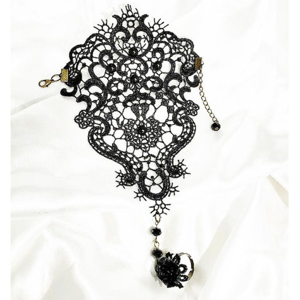 Halloween svart blonderarmbånd med svart blomsterring for kvinner Gothic Lolita Black Pearl anheng armbånd for Lady Girls Party Holiday (1 stk)