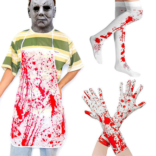 3-delat Halloween blodigt förkläde, strumpor, handskar med tryckta läskiga blodstänk, mordtema för Halloween, unisex köksförkläde för grillning, matlagning och bakning