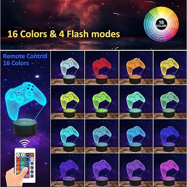 Lightzz 3D Nattlampa för Spelkonsol med Fjärrkontroll + Touch-knapp 16 Blinkande Färger + Timer, Skrivbordslampa för Barnrum, Spelaregåvor