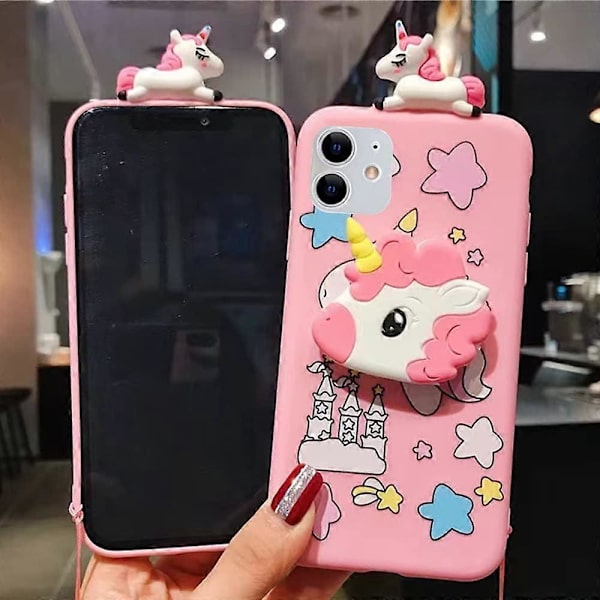 (Se titeln för telefonfodralmodellen) Enhörningsfodral för iPhone 11promax, 3D tecknad design söt elastiskt stativ skyddande fodral, telefonfodral med