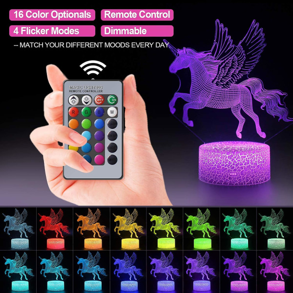 3D Unicorn Night Light til børn, Pige USB LED Lamp Illusion Night Light, 16 farver skiftende med fjernbetjening til børn Voksne fødselsdag og ferie