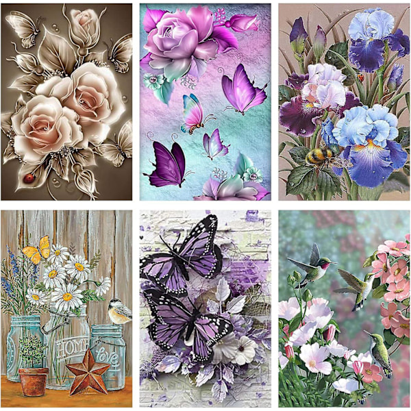 6-pack Diamantmålningskit - Kit för vuxna, barn, nybörjare, DIY Fjäril Kolibri Blommor Diamantmålningspaket Hem Väggdekor 30x40cm