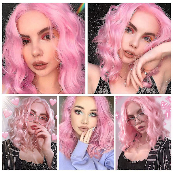 Ljusrosa peruk för kvinnor kort lockig vågig bob peruk 14 tum axellängd mittdel kort rosa peruk värmebeständig syntetisk fest kostym cosplay Wi
