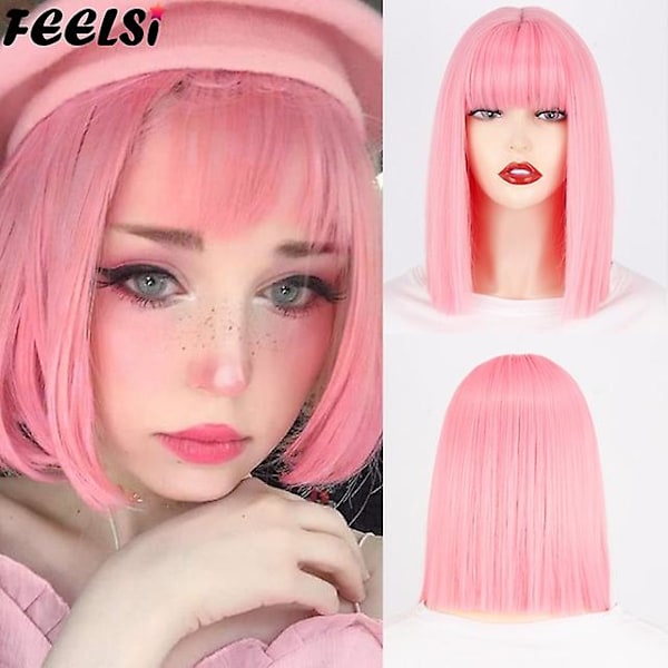 Kort brun våg bob peruker blond för kvinnor naturliga lugg värmebeständig vågig syntetisk peruk daglig användning cosplay lockigt hår（789-fen）