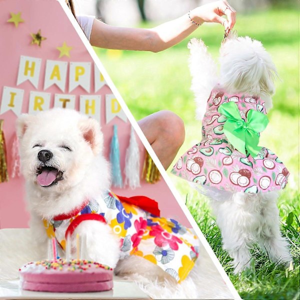 2-pack Klänning för små hundar, mjuk bomull, sommar, flicka, rolig blommig avokado, valp, prinsessklänning, söt rosett, hundklänningar (röd/rosa, XS)