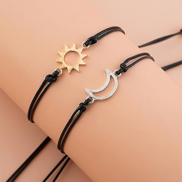 2 st armband i rostfritt stål, sol och måne, vaxrep, flätade vänskapsarmband