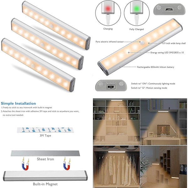 Rörelsesensor LED-lampa, LED-batteridriven sportlampa, magnetisk nattlampa bar klistrad var som helst