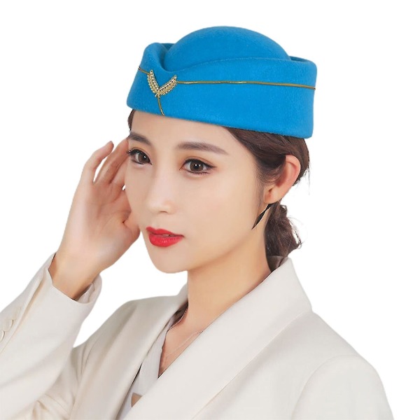Stewardess-lue Elegant broderi-emblem Komfortabel pustende dekorativ påkledning Ull Damer Luftvertinner Beret Formell Uniform Cap（Lake Blue）