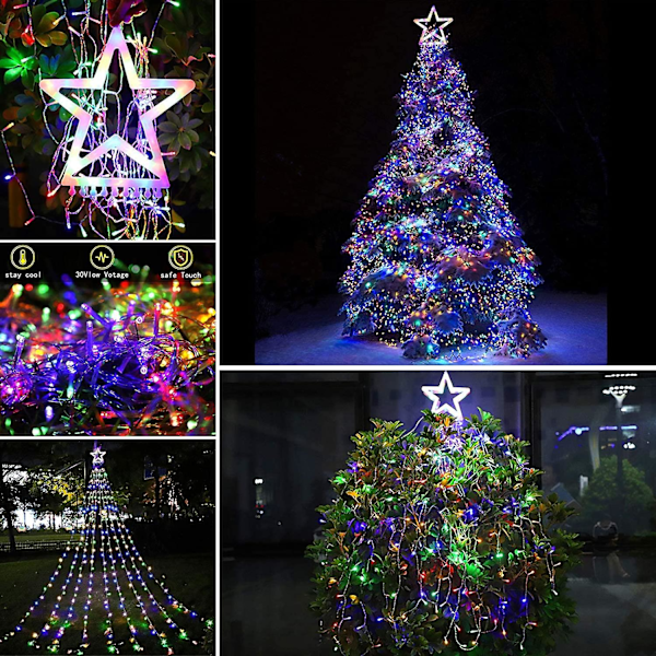 Juldekorationer Utomhus Stjärnbelysning, 350 LED Gardin Ljuskedja, Stjärnformad Hängande Julgranstoppbelysning Med 12\" Stjärna För Semester, Bröllop