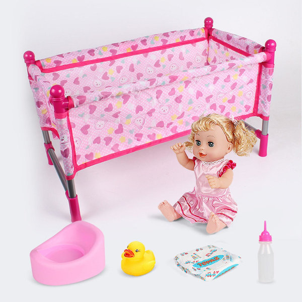 Babydukke Barnevogn Spisestuestol Gyngestol Gynge for dukker, sammenleggbar barnevogn leketøy（tralle）