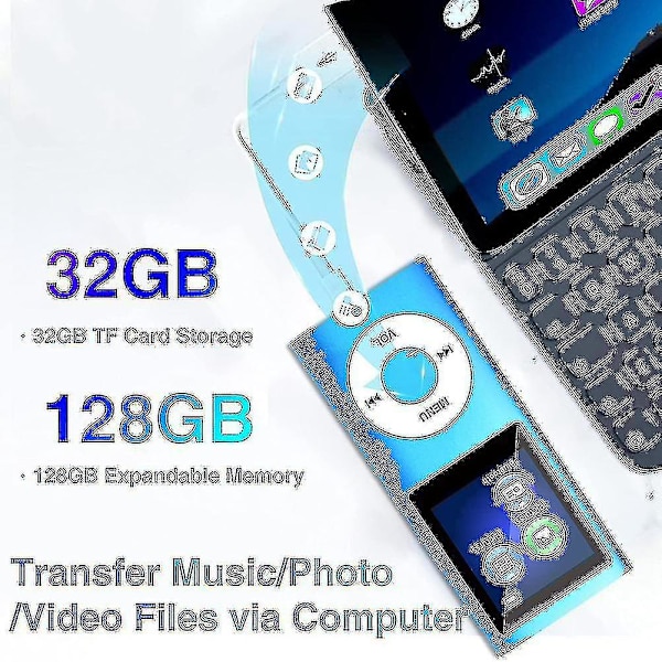 Mp3-spiller med Bluetooth 5.0, musikkspiller med 32 GB TF-kort, FM, øretelefon, bærbar Hifi-musikkavspilling