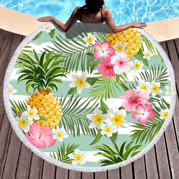 Strandhandduk 150 x 150 cm Tjock Rund Strandhandduk Överdimensionerad Filt, Mikrofibertyg med Bomullsfransar, Tropiskt Blommig Ananas Fancy Tryck Tjock L