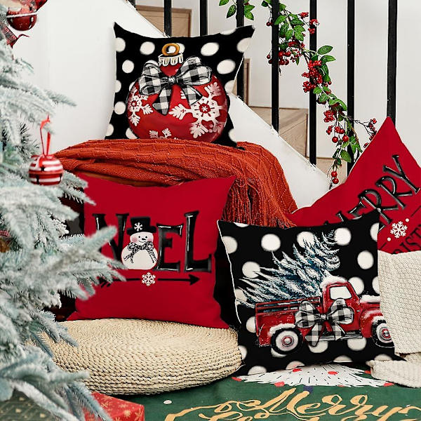 Jul Kuddfodral 45x45cm 4-pack, prickiga rosett träd lastbil snögubbe juldekoration glad jul vinter kudde kuddfodral soffa