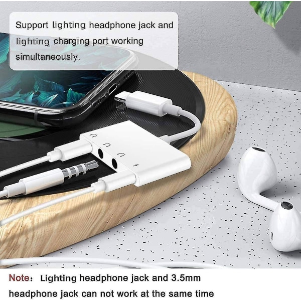 4 i 1 hovedtelefonstikadapter og splitter til lyd og opladning, iPhone-hovedtelefonstik + dobbelt 3,5 mm hovedtelefonstik + opladningsport til iPhone 13 12 11 X 8 7 /