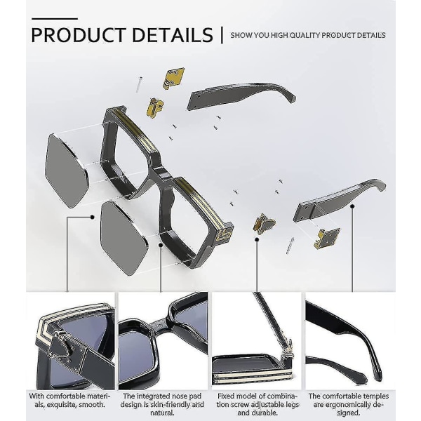 Retr Millionaire Solbriller med Rhinestones Vintage Flat Top Square Solbriller Kompatible menn og kvinner