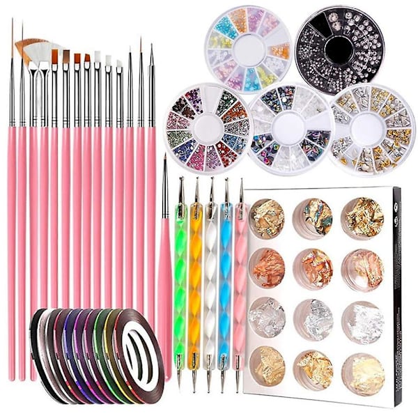 Set - Runda Ask Ornament Point Drill Pen Nagelverktyg Set - Rosa Borste Kombinationsset