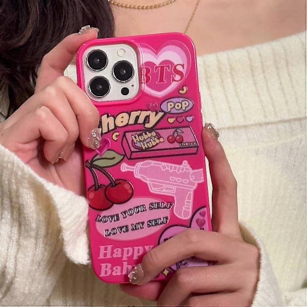 iPhone 13 Pro Max Skal Rosa Söt Körsbär Hjärtan Y2K Cartoon Collage Kawaii Flickig Tryckt Mode Estetisk Design för Kvinnor