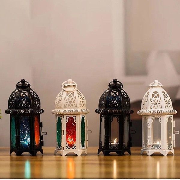 Marokkansk stil Metalllysestake Glass Vindlanterne Hengende lanterner for innendørs utendørs hagegårdsdekorasjon Gaveutstyr（Hvitt hvitt glass）