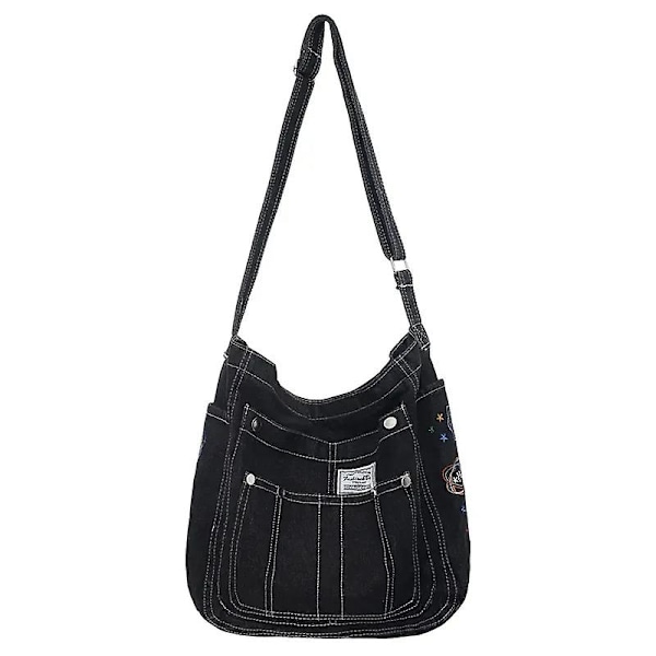 Handväska Multi Pocket Dam Axelväskor Hög Kvalitet Jeans Mjuk Bärbar Lady Chic Tote Väskor Tvättat Denim Casual Dam Crossbody Väska（svart）