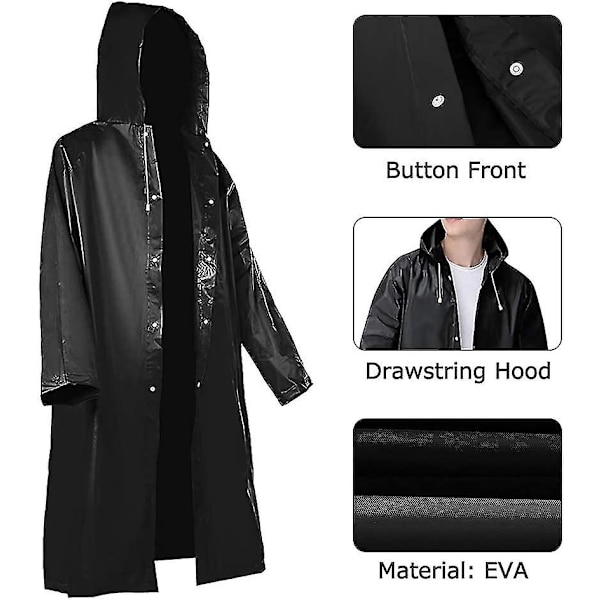 2-pack svarta bärbara regnponchos, återanvändbara regnjackor för vuxna med huva, stora regnkläder utomhus, regnrock