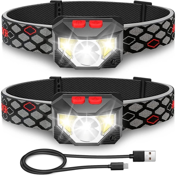 Head Torch Rechargeable,[2 Pack] Headlamp Flashlight Super Bright Headlight Waterproof 10 Light Modes With Red Cob Lights Sensor Switch Lightweight H