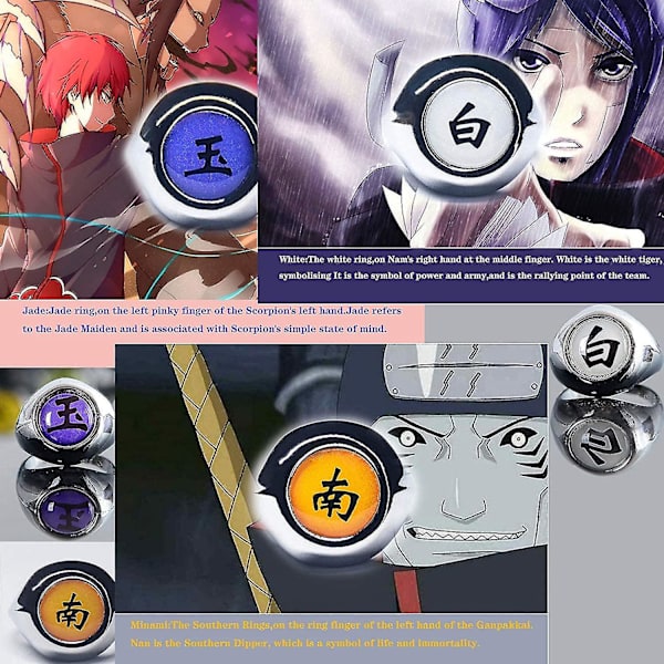 Wabjtam 10 stk. ringe sæt Anime Naruto Cosplay rekvisit Ninja Uchiha Itachi halskæde mænds smykker, justerbar lukning
