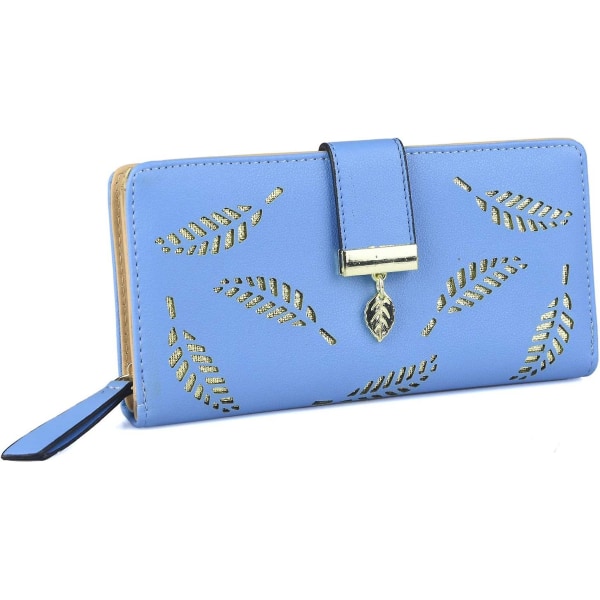 WABJTAM naisten PU-nahkainen lompakko, jossa lehtileikkaus, lehtiriipus, 12 korttipaikkaa ja vetoketjullinen organizer , sininen