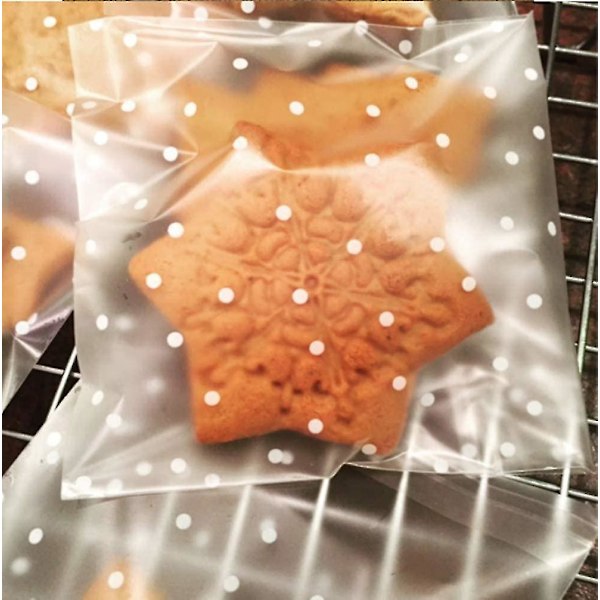 100 st självhäftande kakpåsar, vita prickiga godispåsar Frostade genomskinliga cellofanpåsar (5,5 * 5,5 + 3 cm)