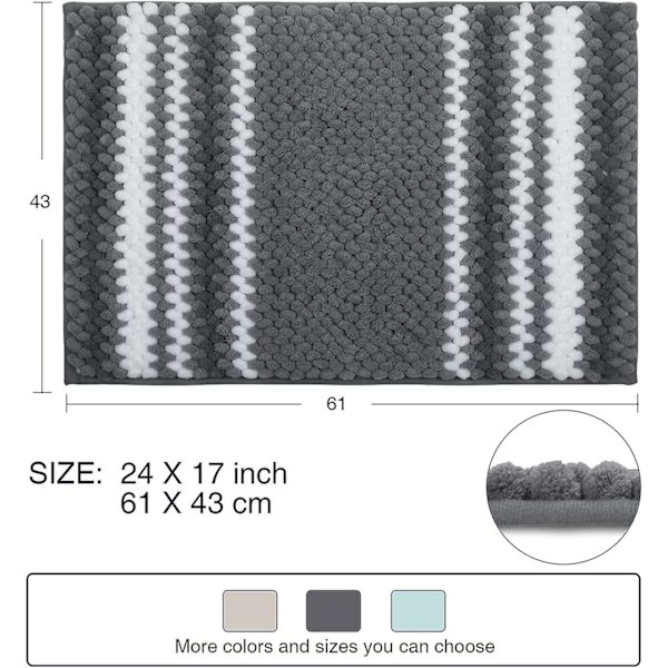Badmatta Randig Badmatta, 60cm X 40cm, Grå Och Vit Fluffig Tjock Chenille Duschmatta Halksäker, Ultra Shaggy Maskintvättbar Snabbtorkande Badmatta För