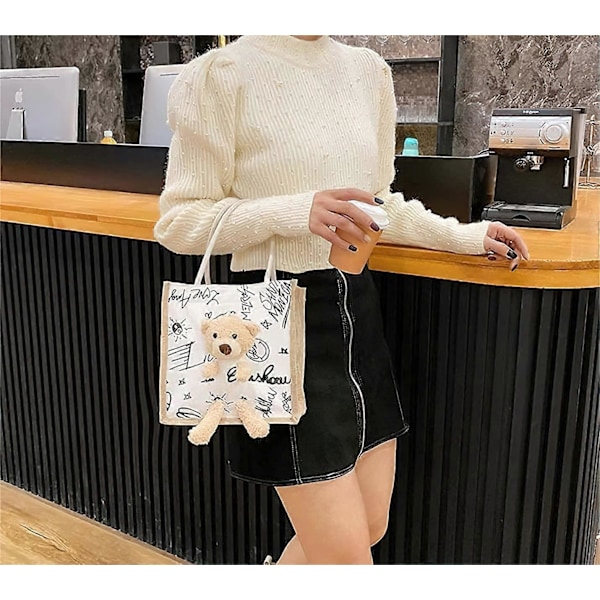 Söt Estetisk Canvas Björndukke Tote Bag Sned axelväska Handväska för Flickor Kvinnor Skola College