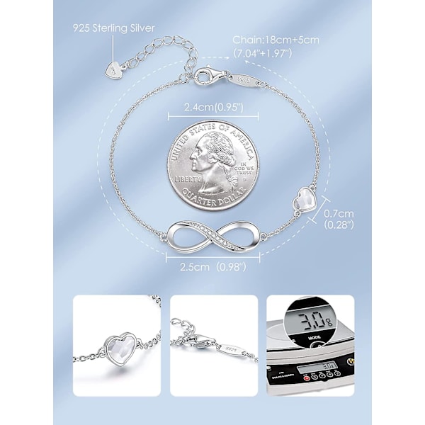 Oändlighetshjärta-symbol Charm Armband för Kvinnor 925 Sterling Silver Justerbart Mors Dag Smycke Present Födelsedag Alla Hjärtans Dag Presenter för Kvinnor Mamma Wi