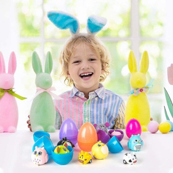 Pääsiäismunat ja lelut sisällä, 12 kpl pääsiäistäytettyjä munia ja 12 kpl eläinten vetoautoja Yllätysmunat Pääsiäisteemajuhlien suosikki pääsiäismunille Hu