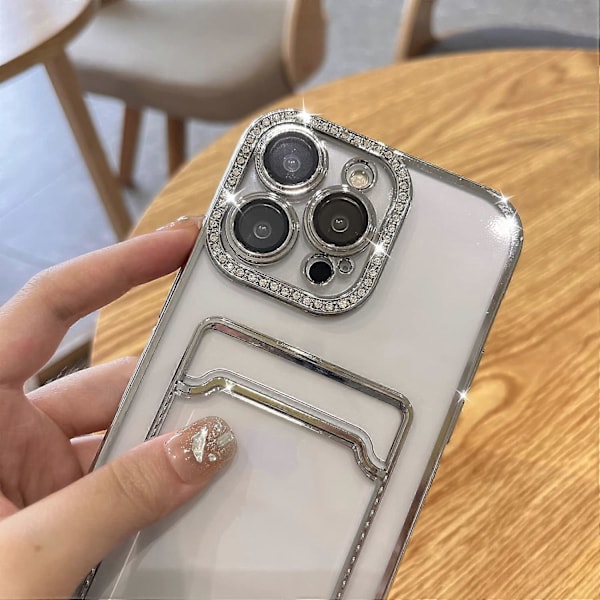 Pläterad Plånboksfodral för iPhone 14 Pro Max, Bling Glitter Diamant Kortinnehavare Kameraskydd Lyxigt Fodral + 2*, Kortfack Elegant